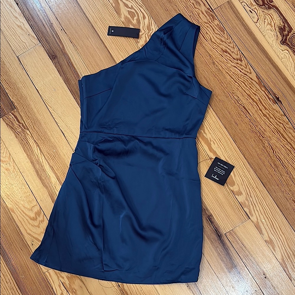 Lulus Love Me Tonight navy blue satin one shoulder mini dress